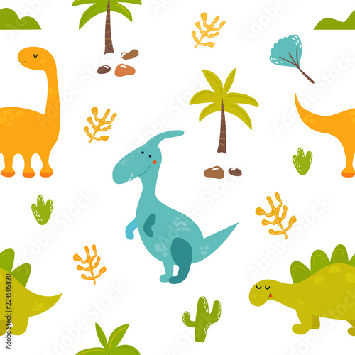Brigt seamless pattern with cute dinos