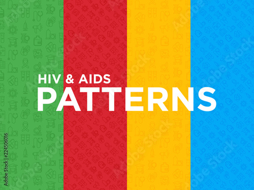 Four different HIV and AIDs seamless patterns with thin line icons: safe sex, blood transfusion, syringe, antiviral drugs, physical examination, AIDs ribbon, blood test. Modern vector illustration.