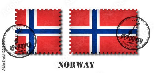 Norway or norwegian flag pattern postage stamp with grunge old scratch texture and affix a seal on isolated background . Black color country name with abrasion . Square and rectangle shape . Vector