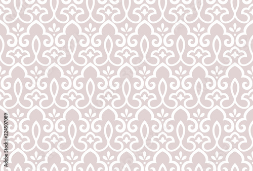 Wallpaper in the style of Baroque. Seamless vector background. White and pink floral ornament. Graphic pattern for fabric, wallpaper, packaging. Ornate Damask flower ornament