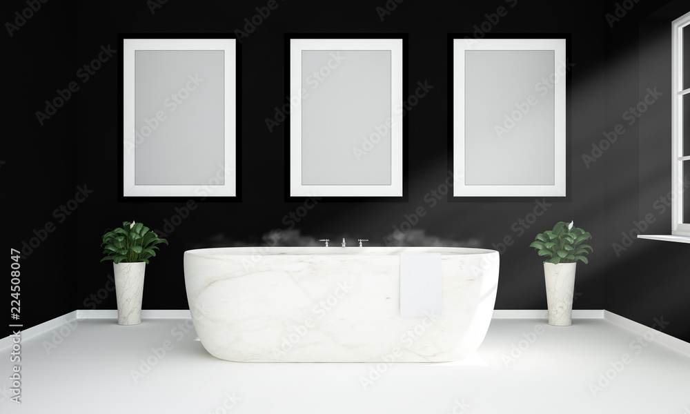 black and white bathroom with three blank hanging posters mockup Stock