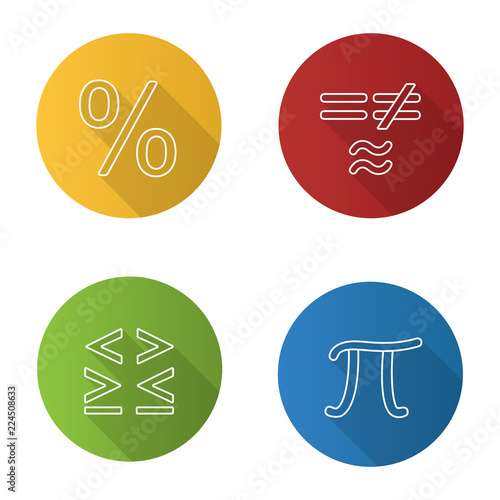 Mathematics flat linear long shadow icons set