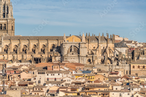 Early morning Cityscape. Aerial view of the ol city of Toledo, Spain. Cathedral in the background. UNESCO world heritage site.