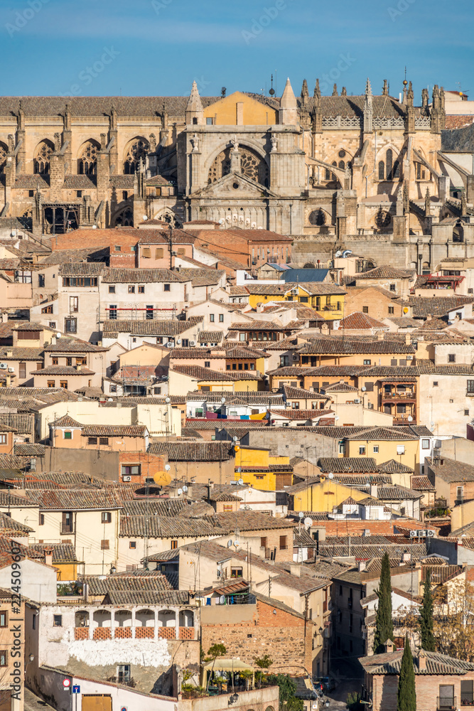 Naklejka premium Early morning Cityscape. Aerial view of the ol city of Toledo, Spain. Cathedral in the background. UNESCO world heritage site.
