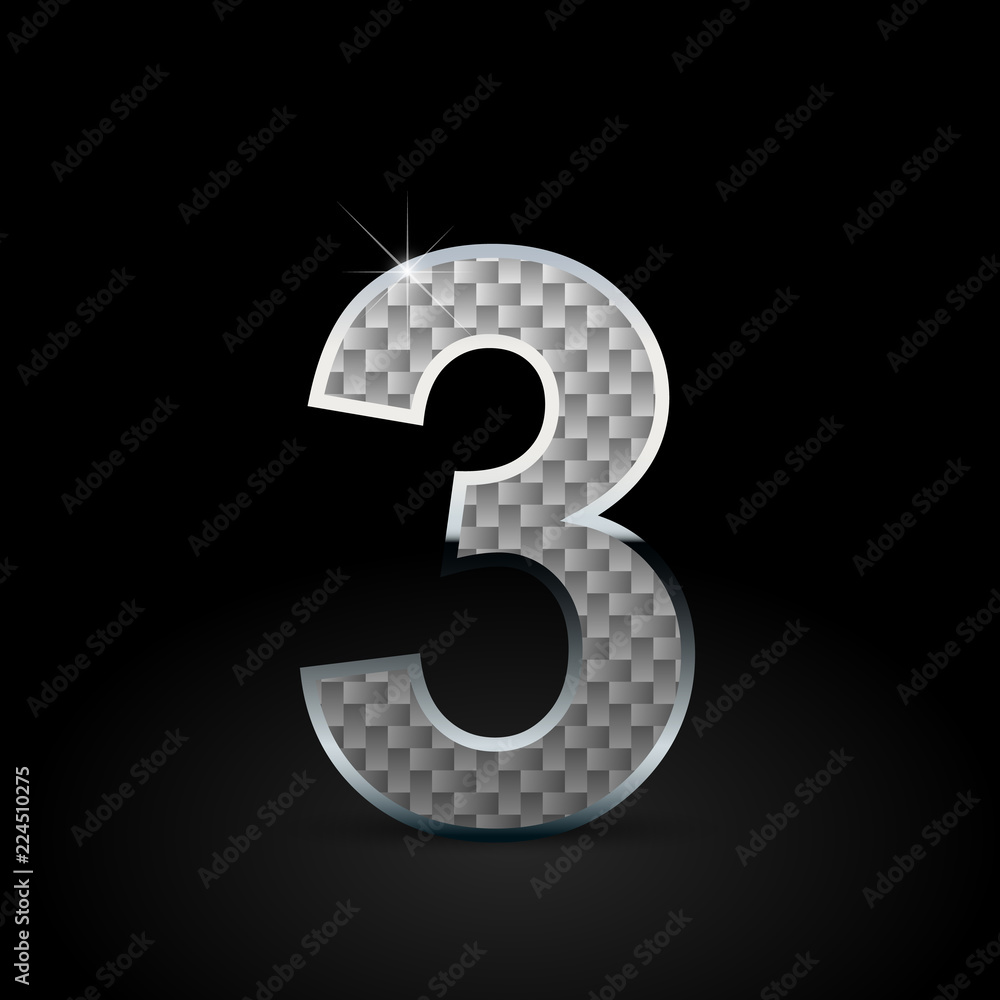 White carbon fiber number 3 with chrome outline isolated on black background White carbon fiber number 3 with chrome outline isolated on black background