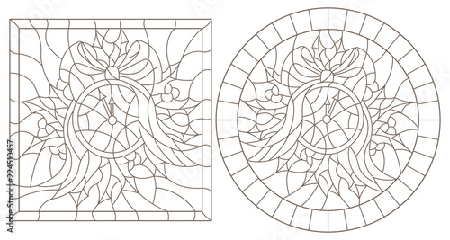 Set of contour illustrations in stained glass style for the New year and Christmas, clock, Holly branches and ribbons in the frame, round and square image