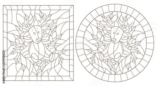 Set of contour illustrations in stained glass style for the New year and Christmas, plush moose, Holly branches and ribbons in the frame, round and square image