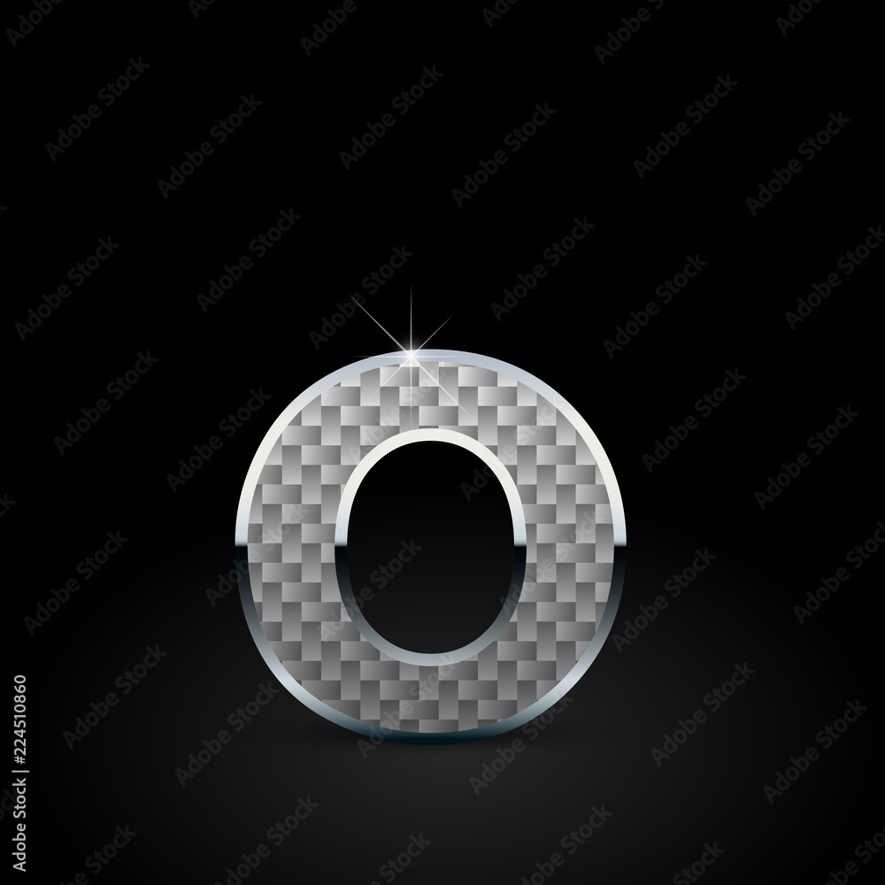 White carbon fiber letter O lowercase with chrome outline isolated on black background White carbon fiber letter O lowercase with chrome outline isolated on black background