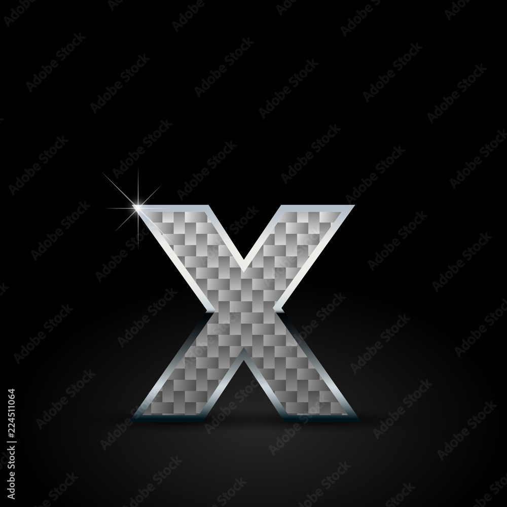 White carbon fiber letter X lowercase with chrome outline isolated on black background White carbon fiber letter X lowercase with chrome outline isolated on black background