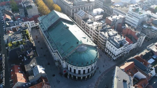 Aerial footage if Bourla Theatre also known as Bourlaschouwburg located in Antwerp Belgium the building is designed in neoclassical style on site of former Tapissierspand tapestry market 4k quality photo