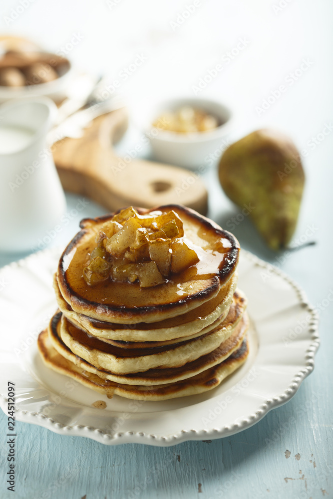 Homemade pancakes with pear and apple