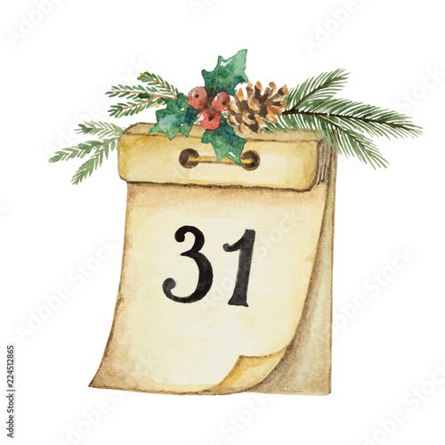 Watercolor vector paper calendar and spruce branch.