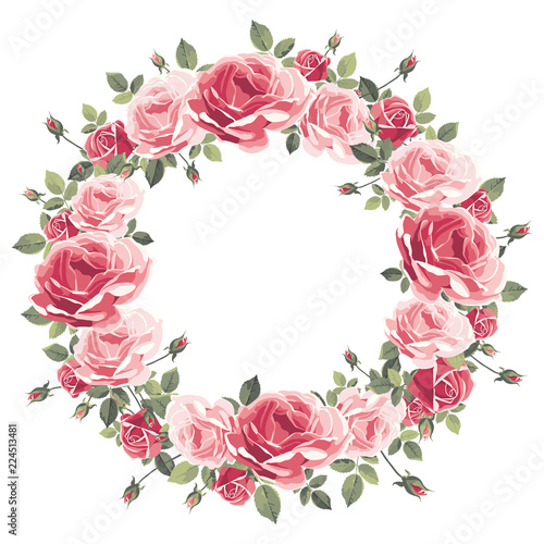 Wreath of vintage pink roses on a white background. Vector