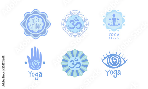 Vector set of original logos for yoga studio or meditation center. Healthcare and harmony theme