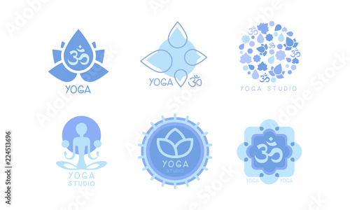 Vector set of monochrome emblems for yoga studio or meditation center. Health theme. Elements for promo poster or flyer