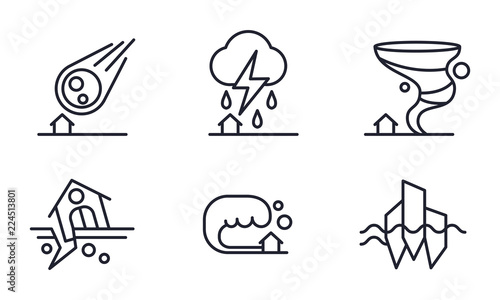 Natural disaster icons set, meteorite fall, thunderstorm, hurricane, earthquake, tsunami vector Illustration on a white background