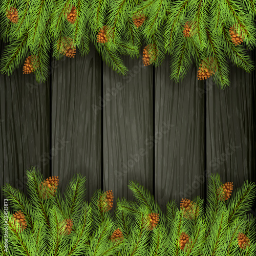 Black Wooden Background with Fir Tree Branches