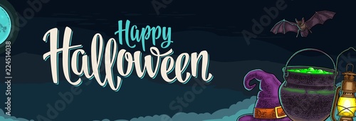 Horizontal poster with Happy Halloween calligraphy lettering and engraving