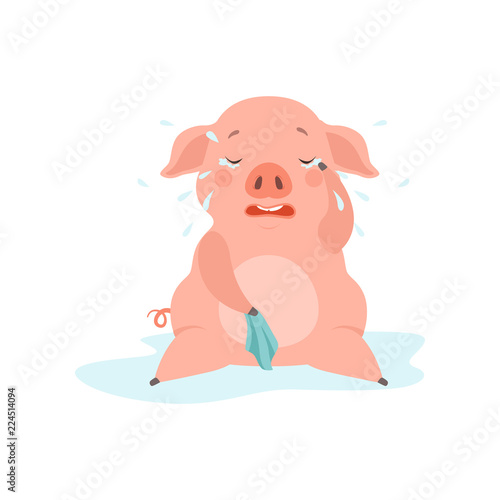 Cute sad little pig crying, funny piglet cartoon character vector Illustration on a white background
