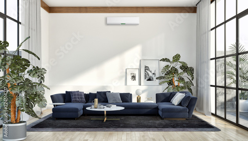 modern bright interiors apartment Living room with air conditioning illustration 3D rendering computer generated image photo