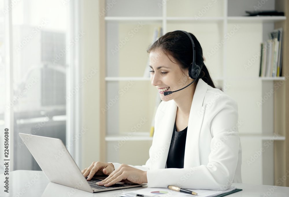 woman happy smiling customer support operator with headset. communication concept. woman happy smiling customer support operator with headset. communication concept.