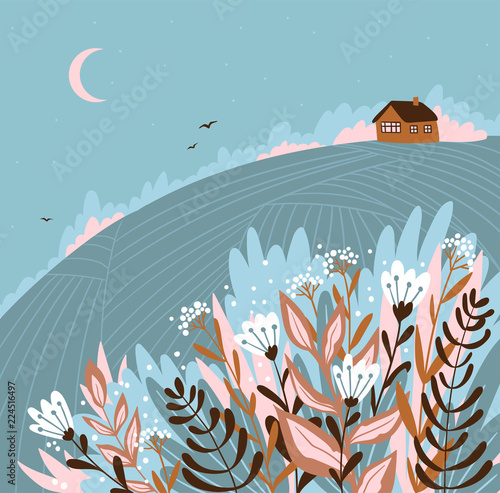 Warm summer night in the village. Cute vector illustration. Hand drawn rustic poster design - Home sweet home.