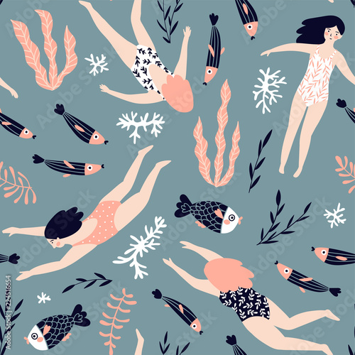 Cute hand-drawn poster design  with  swimming girls, fish and corals. Underwater background with lettering - 'My hone is in the sea'. Vector illustration in hand drawn style.