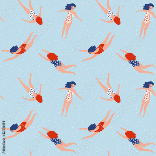 Repeated background with figures of young girls in swimsuits of different nationalities. Cute vector illustration in hand drawn style. Swimming collection. Seamless pattern.