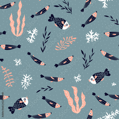 Cute vector seamless pattern with fish, algae and corals. Underwater seamless background. Childish fabric design.