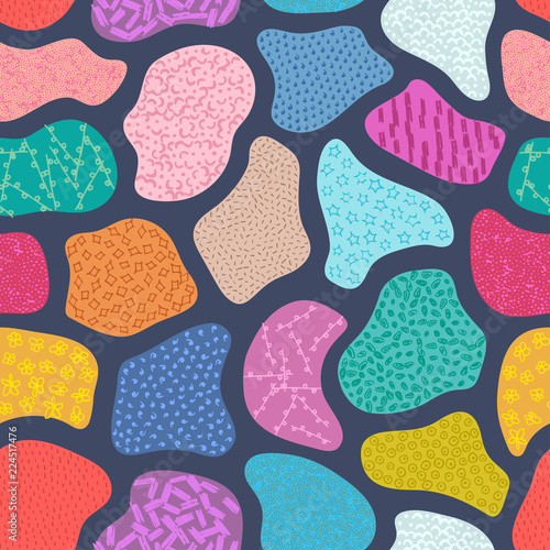 Vector seamless pattern with hand drawn abstract shapes. Textured figures. Unique design. Creative background. Applique. It looks like maze or puzzles. Wallpaper, textile, wrapping, print on clothes