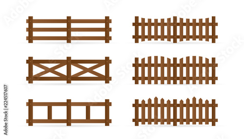 Set of different rural wooden fences. Isolated detailed elements for garden illustration design