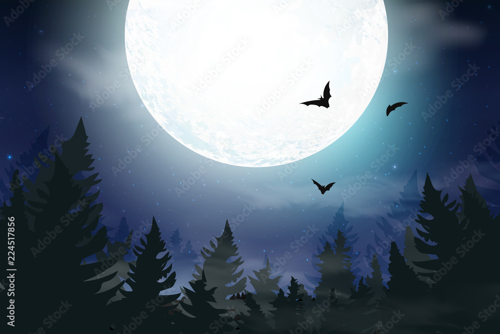 Naklejka premium Blue dark Night sky background with full moon, clouds and stars