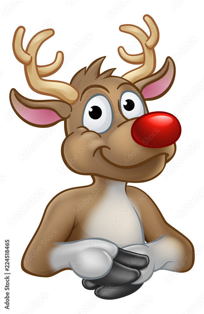 A reindeer Christmas red nosed cartoon character above a sign 