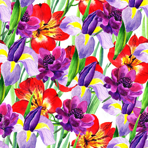 Fototapeta Naklejka Na Ścianę i Meble -  Seamless pattern with beautiful flowers in watercolor style