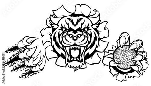A Tiger angry animal sports mascot holding a golf ball and breaking through the background with its claws