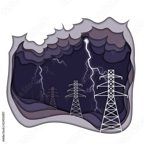 Electrical energy concept. Electric power lines and lightning on dark purple cloudy background.