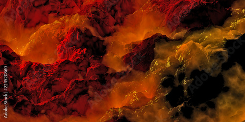 A mountain range surrounded by molten lava and magma, in a poisonous fog on a fantastic landscape.