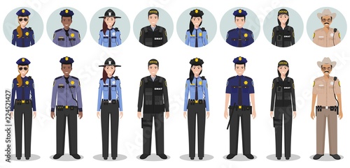 Police people concept. Set of different detailed illustration and avatars icons of SWAT officer, policeman, policewoman and sheriff in flat style on white background. Vector illustration.