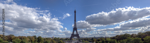 Panoramic view of Eiffel tower and surrounding with cloudy sky. Taken from Trocadero in September - Paris, France.