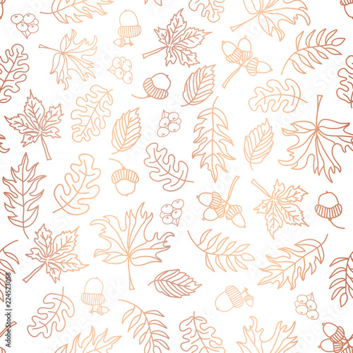 Copper foil autumn leaves seamless vector background. Rose golden abstract fall leaf shapes on white background. Elegant, luxurious pattern for scrap booking, banner, packaging, wedding, party, invite