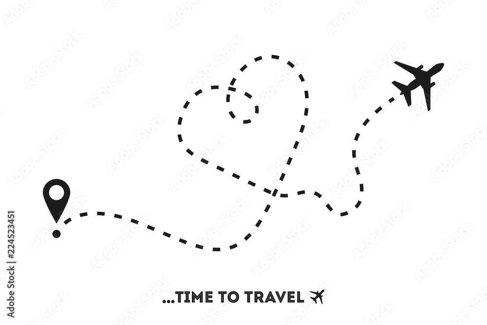Airplane line path, time to travel, flat style Airplane line path, time to travel, flat style