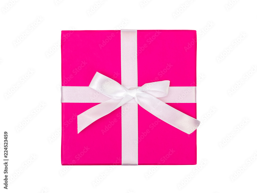 Top view of pink gift box with ribbon isolated Top view of pink gift box with ribbon isolated