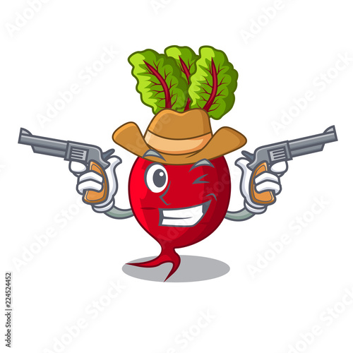 Cowboy cartoon fresh harvested beetroots in wooden crate
