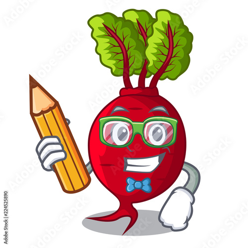 Student with book character organic beetroot in the garden