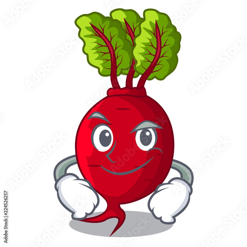 Smirking character organic beetroot in the garden