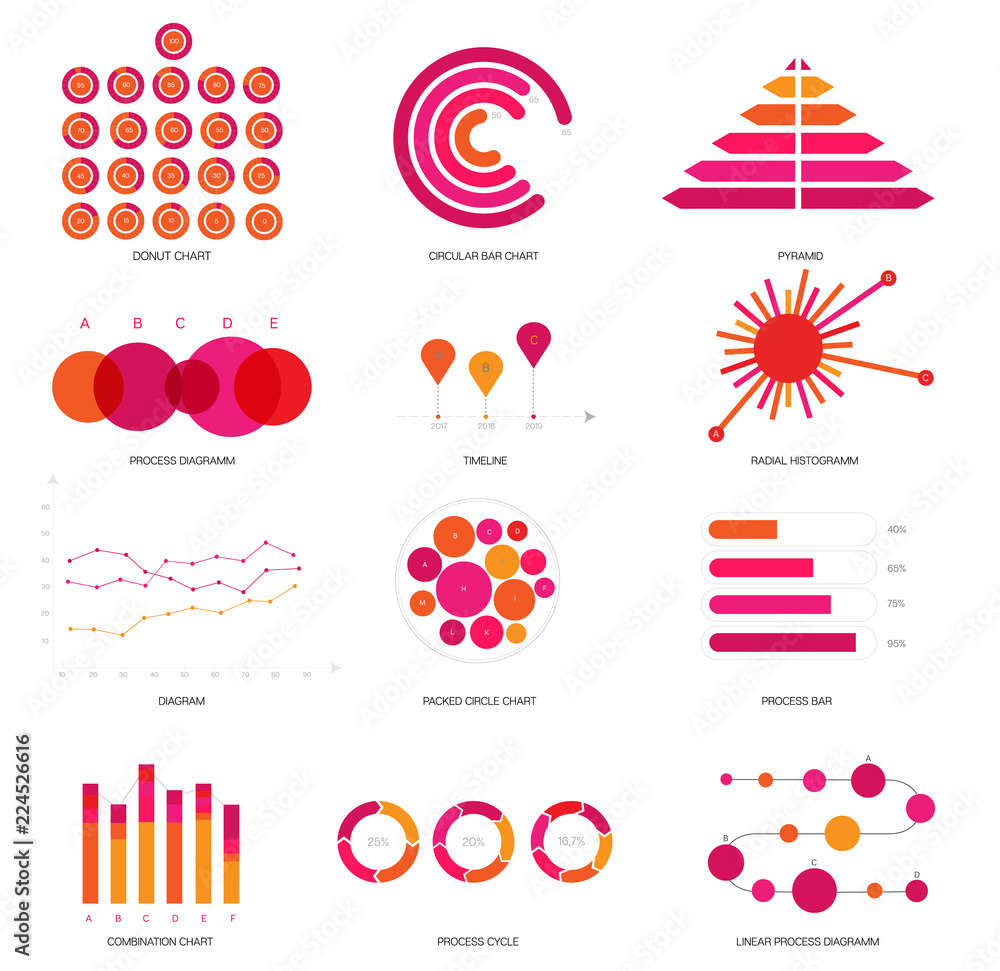 Infographic Elements, Timeline Presentation Vector Set. Pink, Purple Female Elegant Data Visualisation Design. Annual Rating Diagram, Path, Target Chart. Statistics Website Infographic Elements - obrazy, fototapety, plakaty 