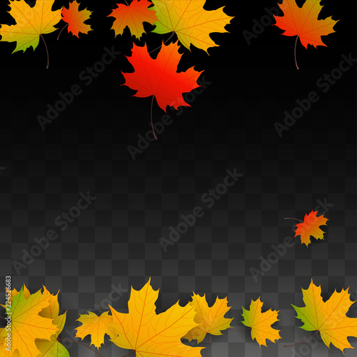 September Vector Background with Golden Falling Leaves. Autumn Illustration with Maple Red, Orange, Yellow Foliage. Isolated Leaf on Transparent Background. Bright Swirl. Suitable for Posters.
