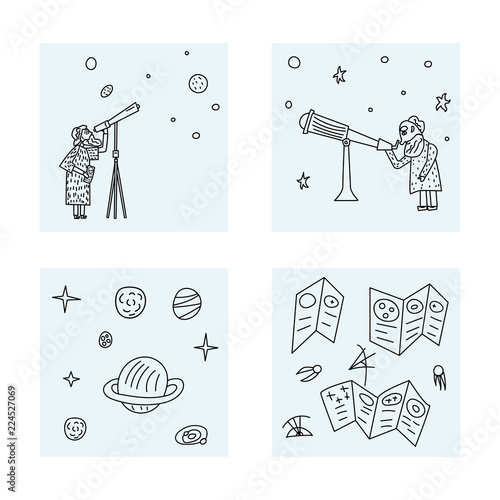 Vászonkép Vector design of astronomers and space objects.
