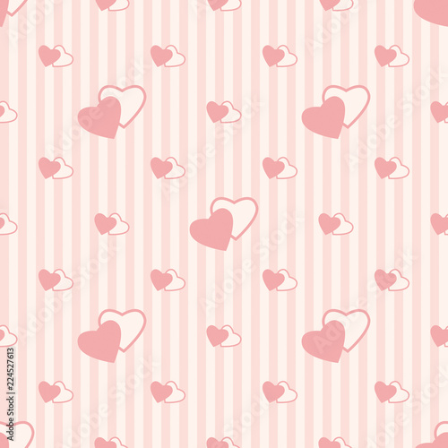 Seamless vertical stripe pattern with pink hearts, pastel pale colors. Vector abstract background, design for fabric, textile, fashion, wedding design, gift wrapping paper; Happy Valentine Day.