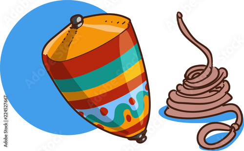 turkish traditional handmade wooden spinner for kids, whirligig in turkish mean "topaç" cartoon style vector illustration.